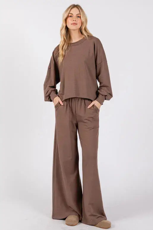 Cotton Terry Waist Elastic Wide Leg Pants