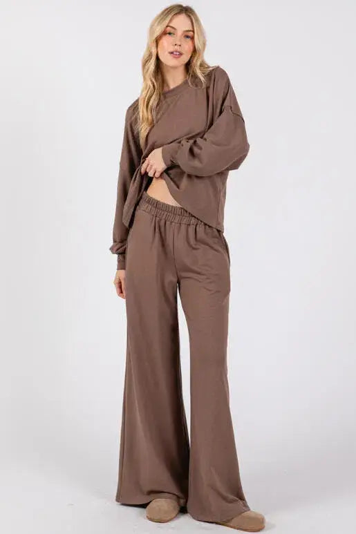 Cotton Terry Waist Elastic Wide Leg Pants