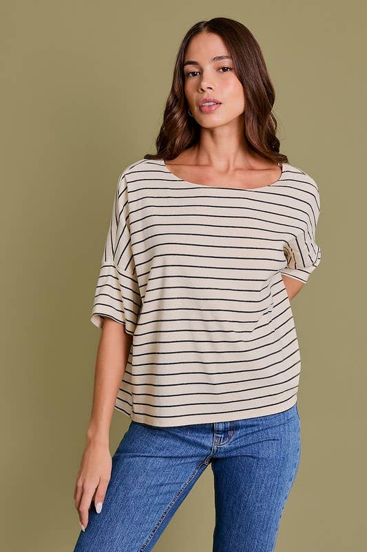 SHORT SLEEVE BOAT NECK STRIPE TOP