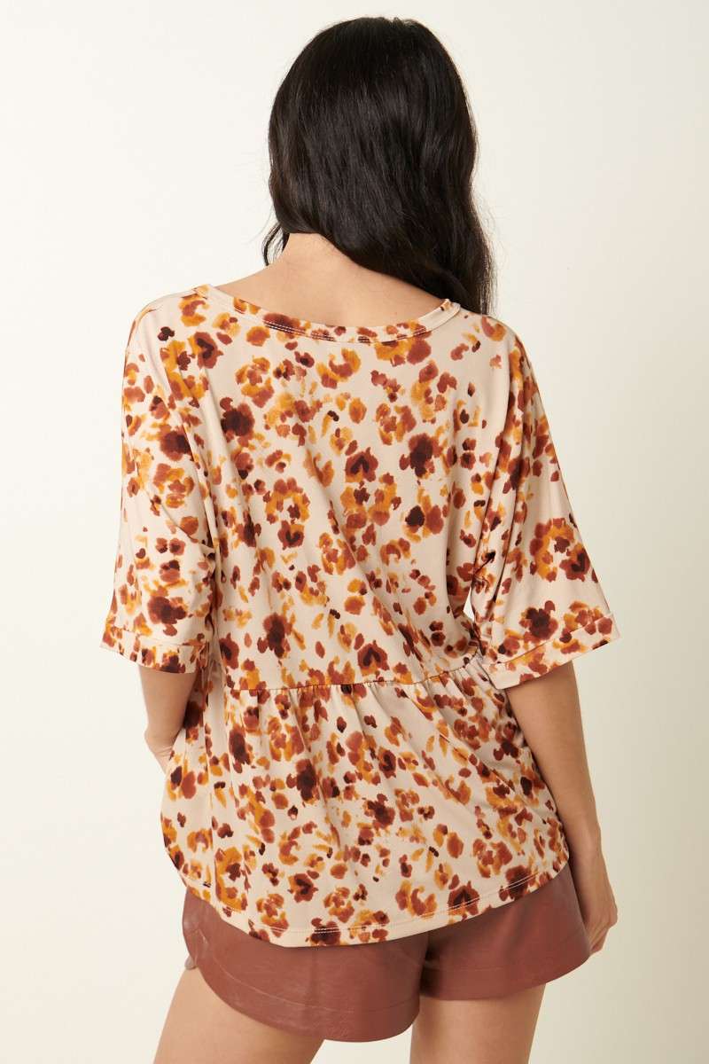 ABSTRACT FLOWER PRINT BABYDOLL KNIT TOP