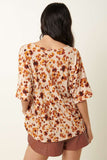 ABSTRACT FLOWER PRINT BABYDOLL KNIT TOP