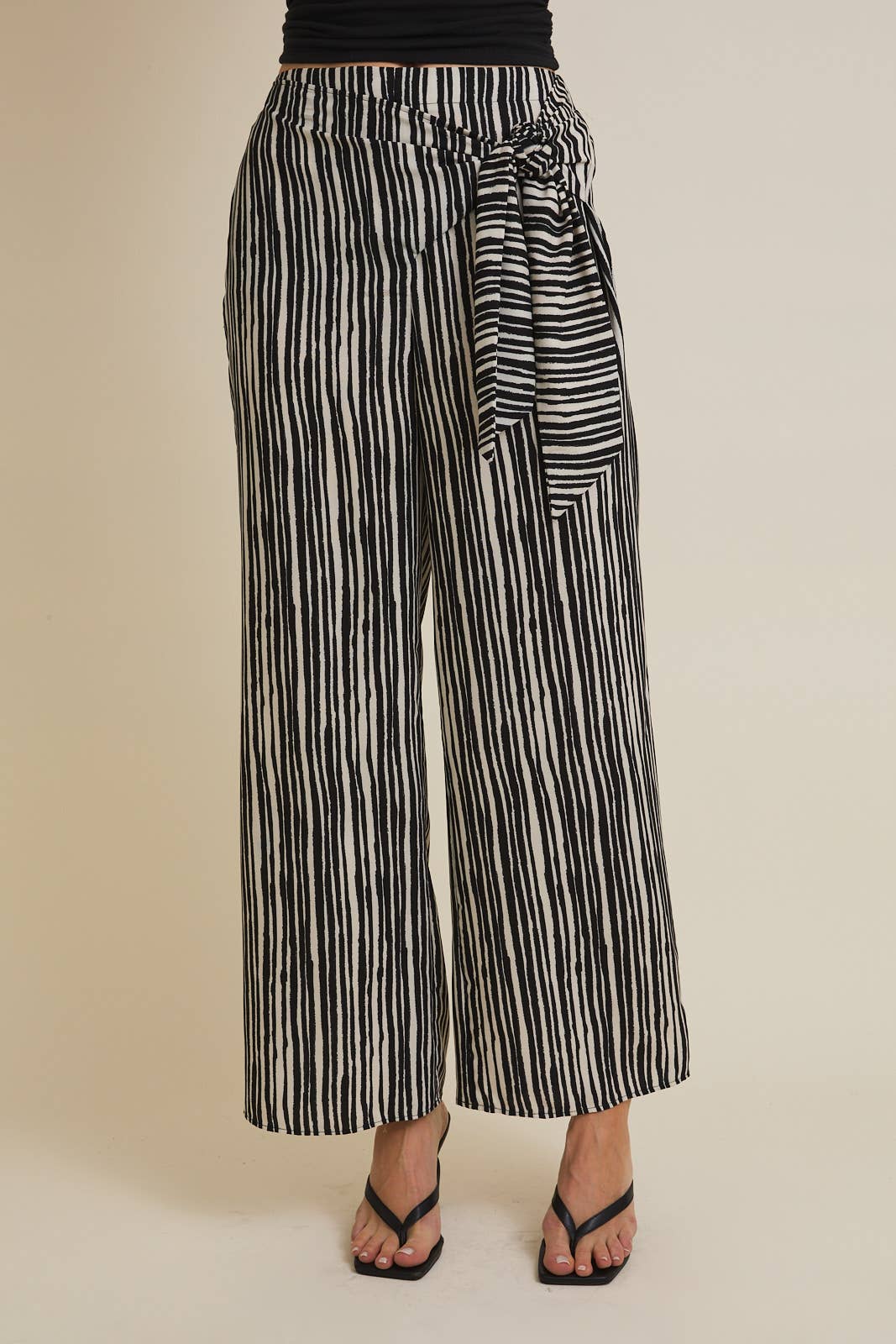 WAIST TIE WIDE LEG STRIPE PANTS