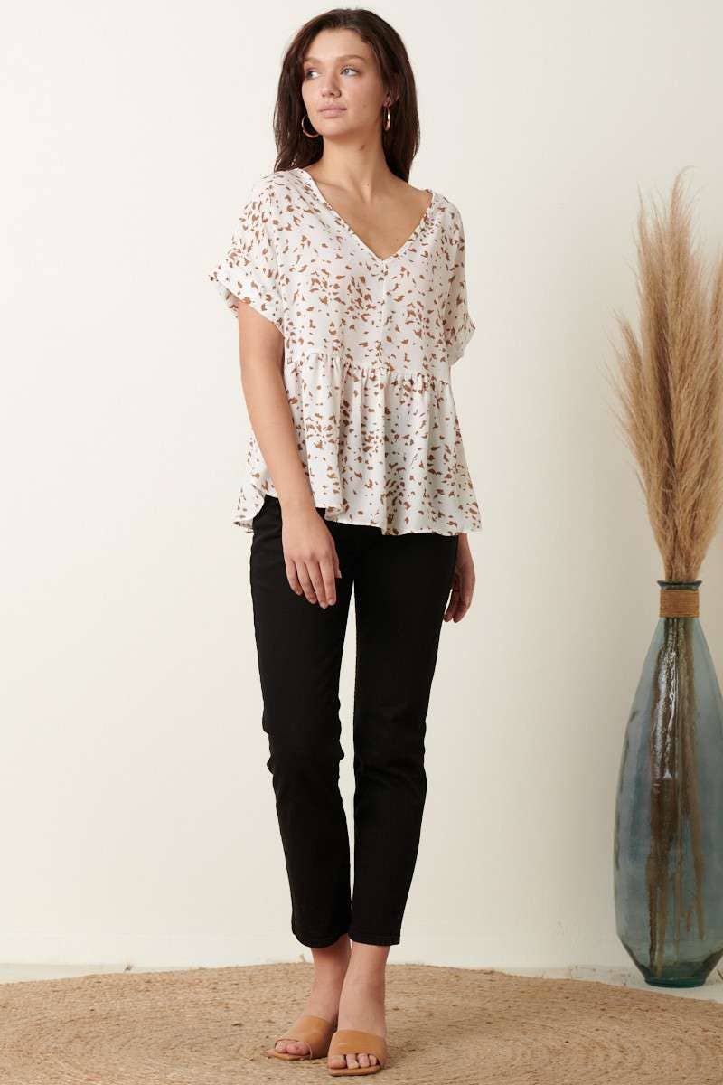 ABSTRACT PRINT SHORT SLV BABYDOLL TOP