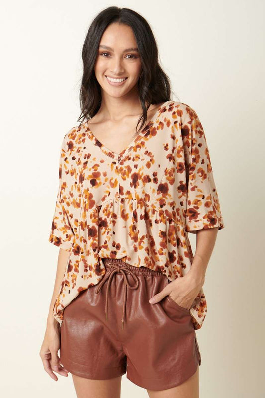 ABSTRACT FLOWER PRINT BABYDOLL KNIT TOP