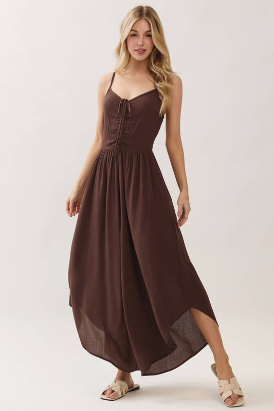 Woven Solid Front Ruched Midi Jumpsuit