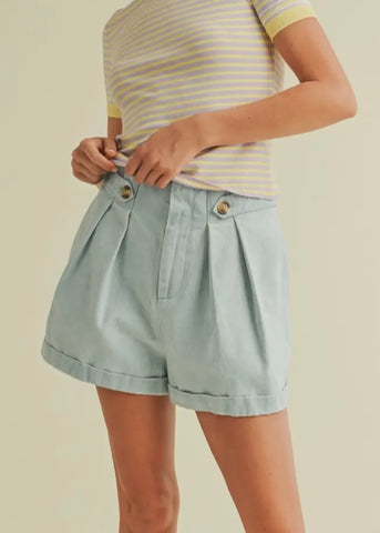 Pleated Denim Shorts