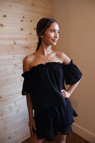 Off the Shoulder Top & Ruffle Drawstring Shorts Set
