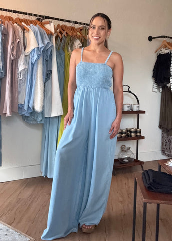 Denim Smocked Jumpsuit
