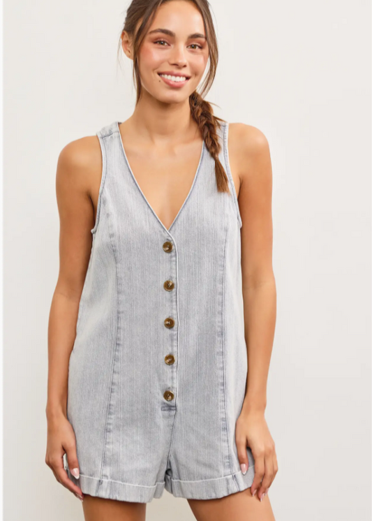 V-Neck Button Romper
