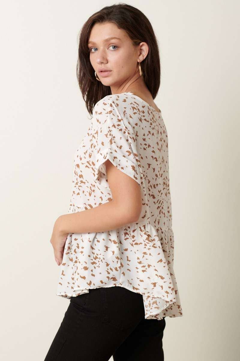 ABSTRACT PRINT SHORT SLV BABYDOLL TOP