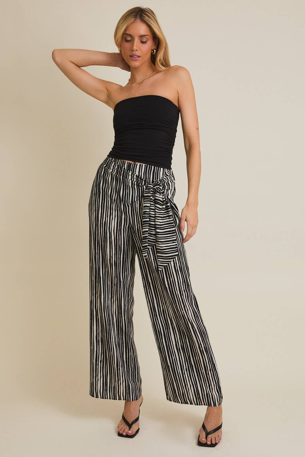 WAIST TIE WIDE LEG STRIPE PANTS
