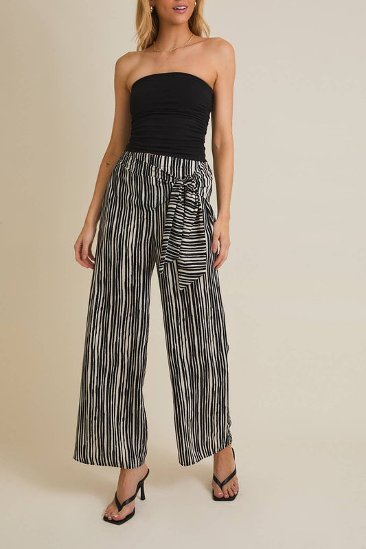 WAIST TIE WIDE LEG STRIPE PANTS