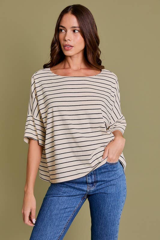 SHORT SLEEVE BOAT NECK STRIPE TOP