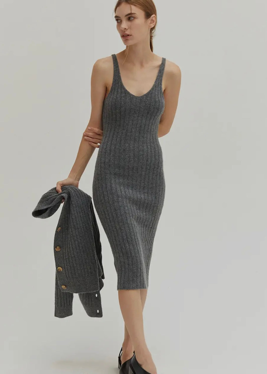 Brushed Ribbed Sweater Cardigan and Midid Dress Set
