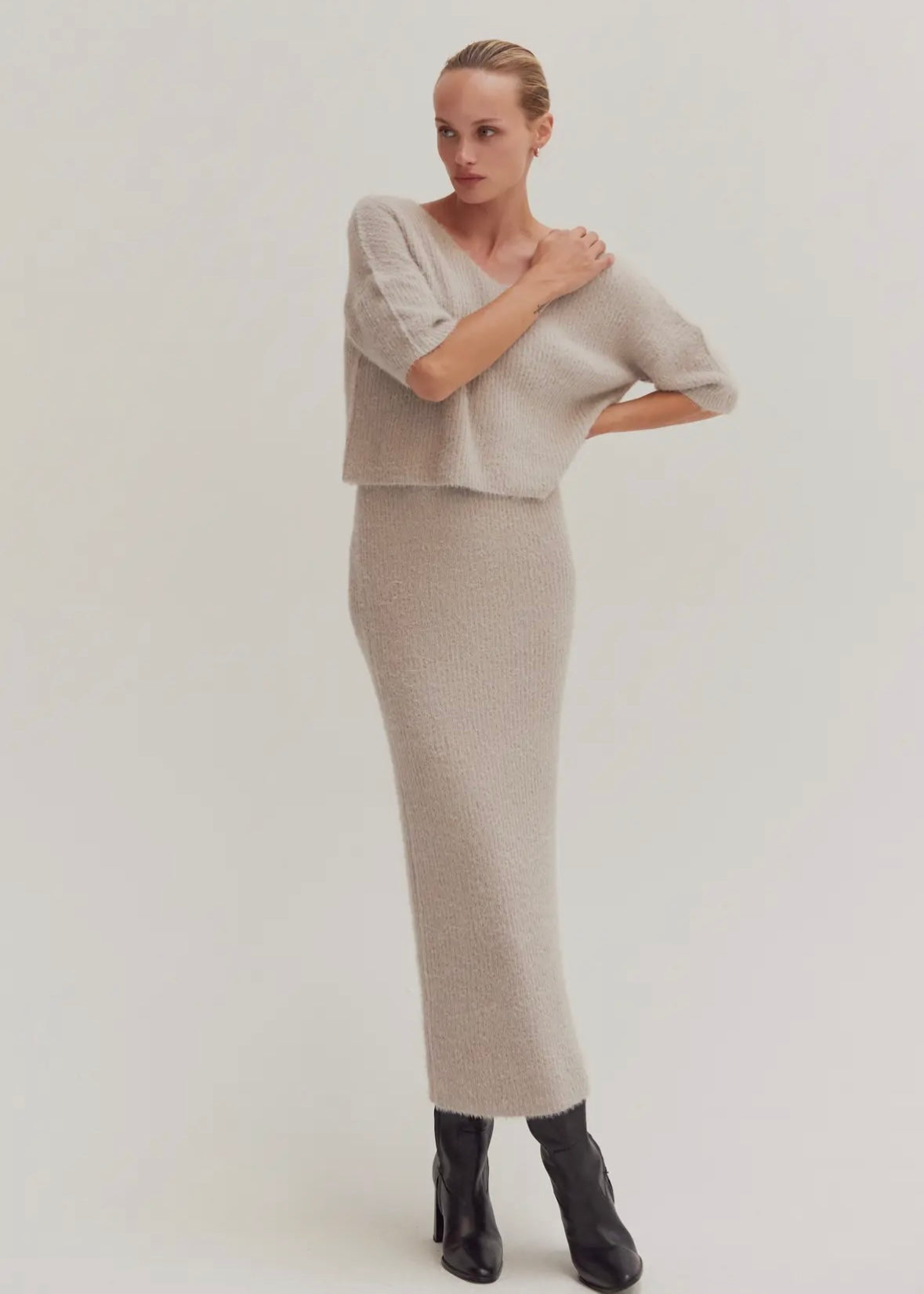 Fuzzy Top & Midi Skirt Set