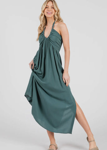 Solid Halter Neck Shirring Dress
