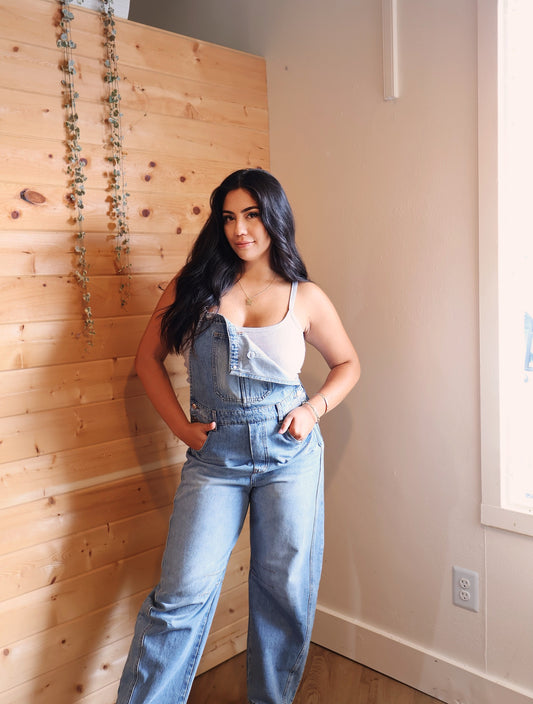 DENIM BARREL OVERALLS