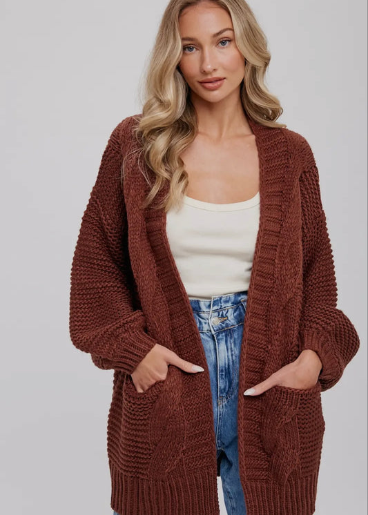 Chunky Cable Lantern Sleeve Cardigan