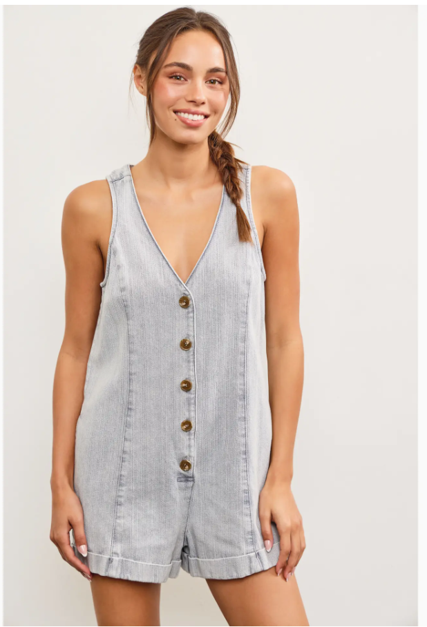 V-Neck Button Romper