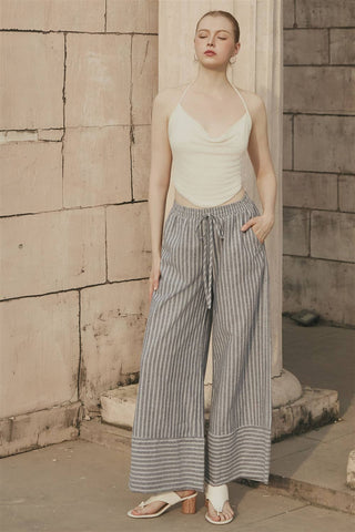 STRIPED DRAWSTRING WAIST WIDE LEG PANTS - VGP700005B