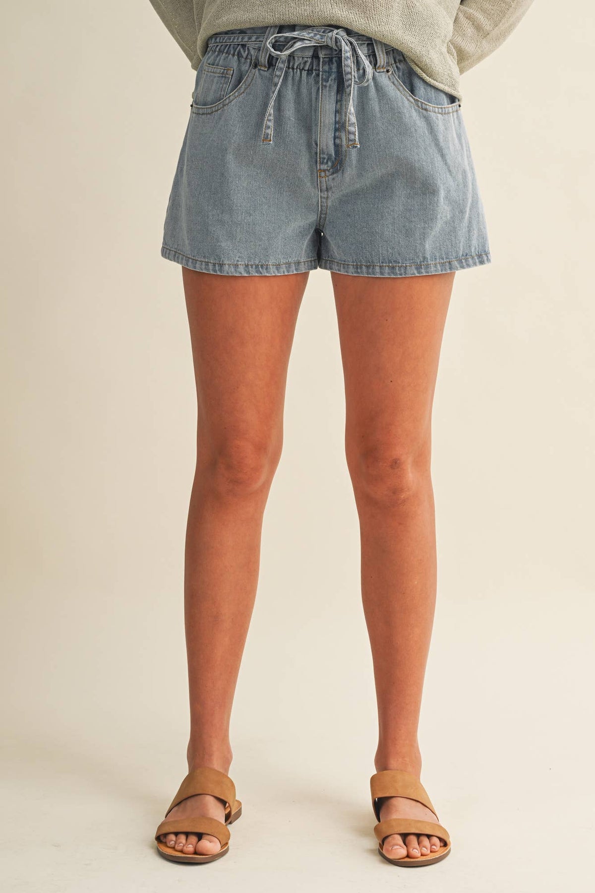 High-Rise Gathered Waist Denim Shorts