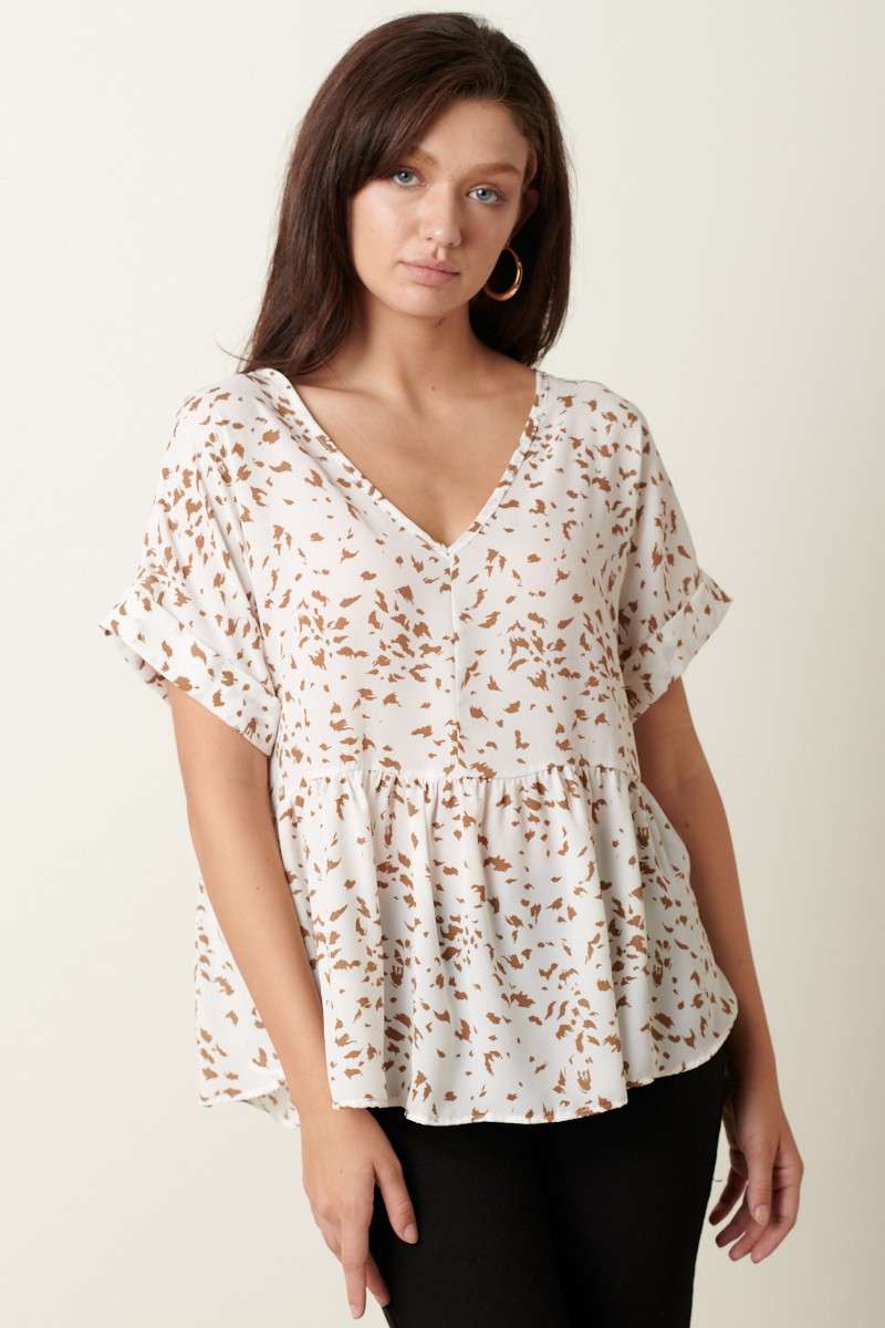 ABSTRACT PRINT SHORT SLV BABYDOLL TOP