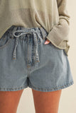 High-Rise Gathered Waist Denim Shorts