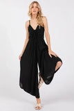 Woven Solid Front Ruched Midi Jumpsuit